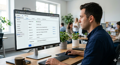Business owner reviewing Google Ads campaign network settings, where Search Partners and Performance Max appear