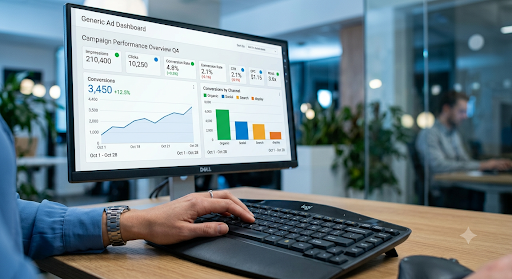 Digital advertising dashboard showing conversion data and performance metrics on a monitor