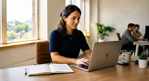 Business owner replying calmly to a customer review on her laptop
