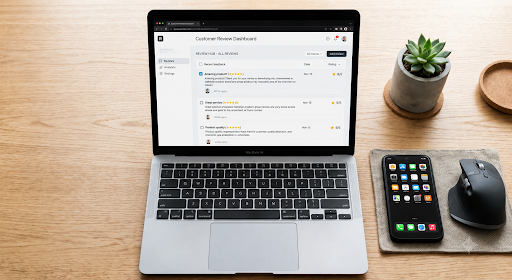 Business owner monitoring customer reviews across platforms on a laptop dashboard